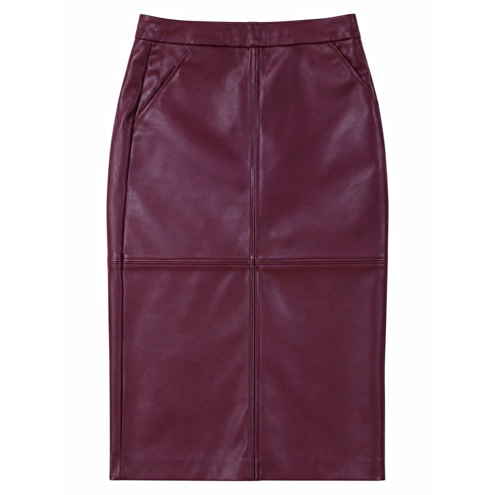 Express Women’s Burgundy Faux Leather Pencil Midi Skirt Size 4 Seamed Zip